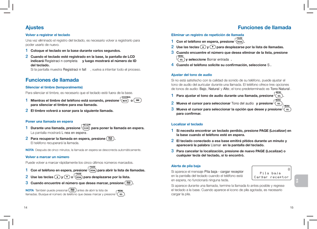 Plantronics CT14 manual Funciones de llamada 