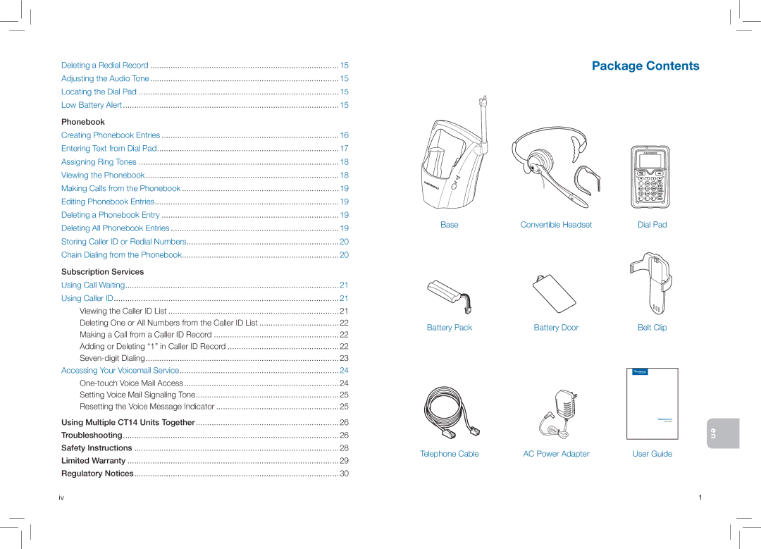 Plantronics CT14 manual Package Contents 