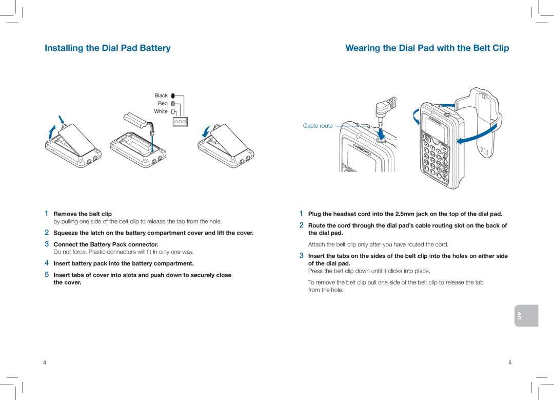 Plantronics CT14 manual Installing the Dial Pad Battery, Wearing the Dial Pad with the Belt Clip, Remove the belt clip 