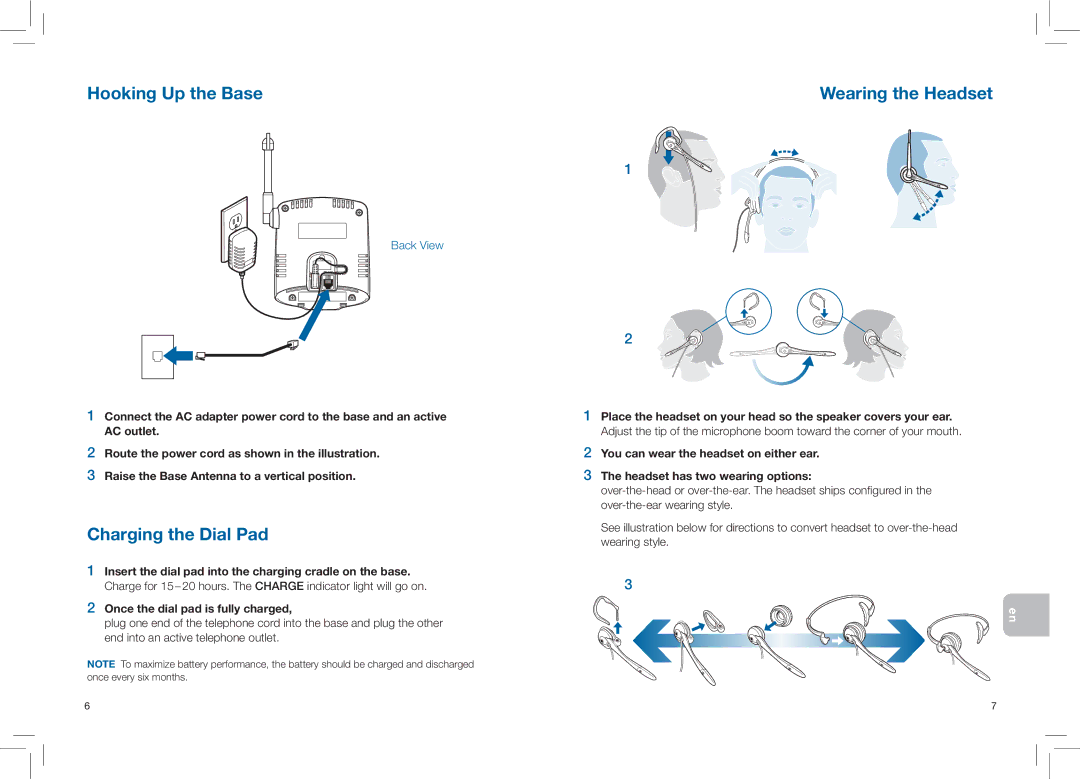 Plantronics CT14 manual Hooking Up the Base, Charging the Dial Pad, Wearing the Headset, Once the dial pad is fully charged 
