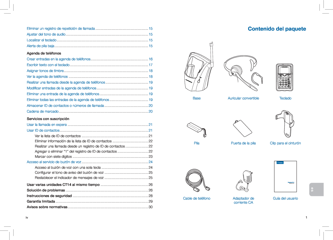 Plantronics CT14 manual Contenido del paquete 