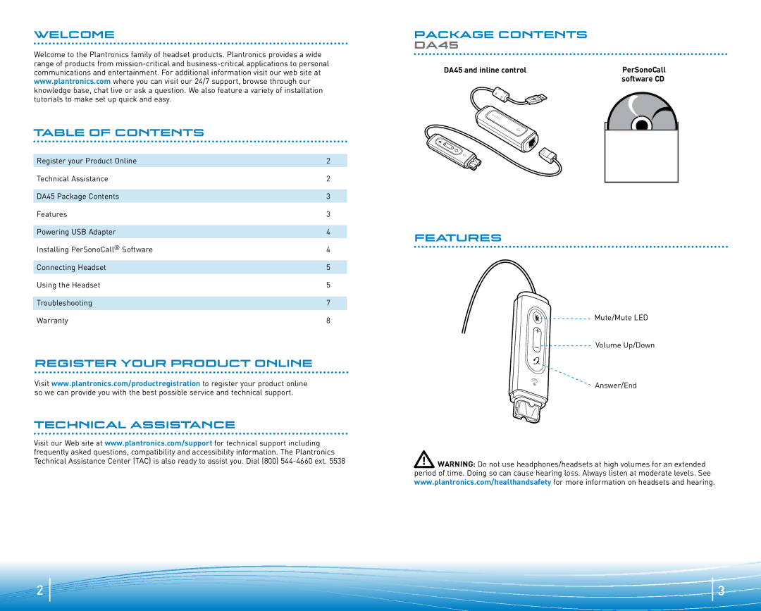 Plantronics DA45 manual Welcome Table of Contents, Features 