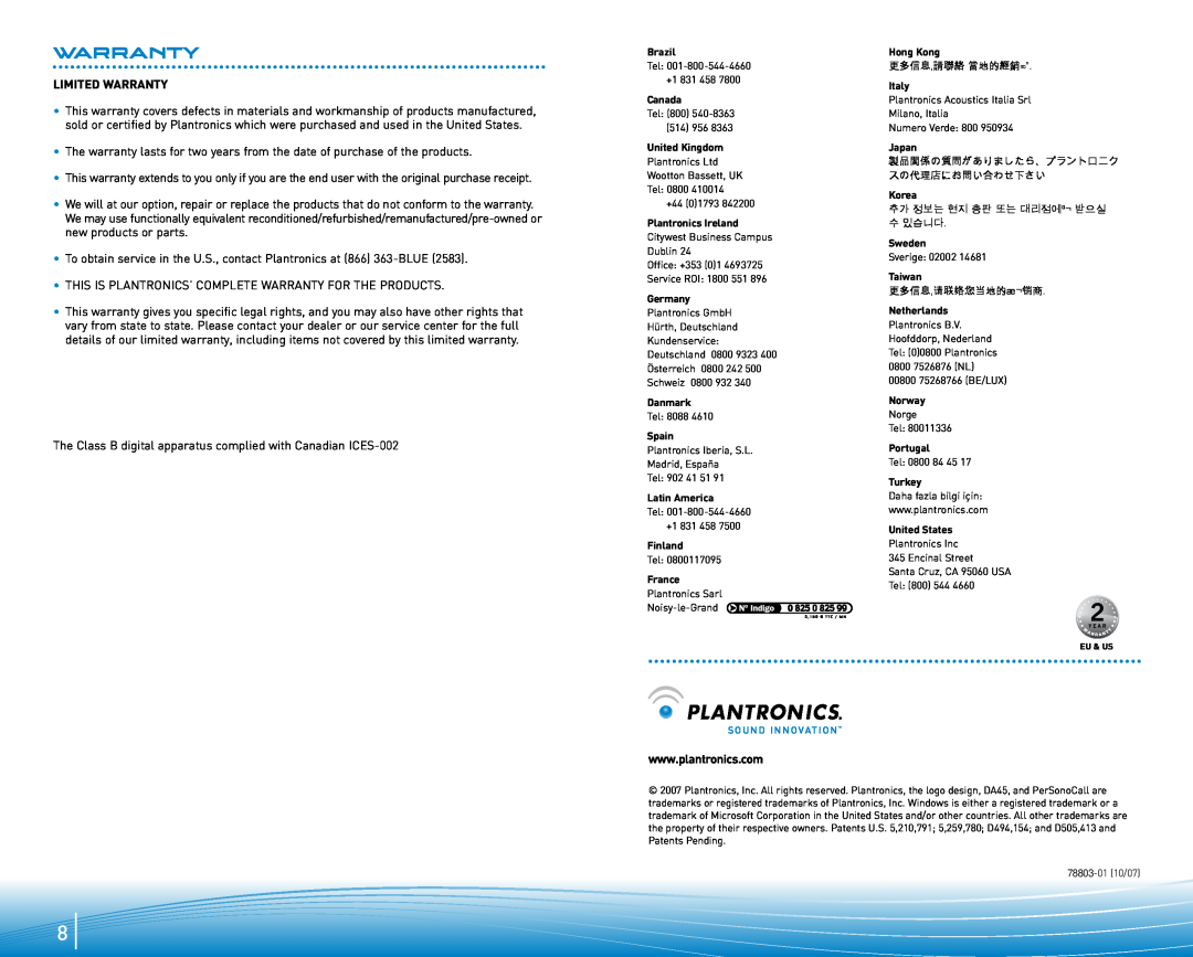 Plantronics DA45 manual Limited Warranty 