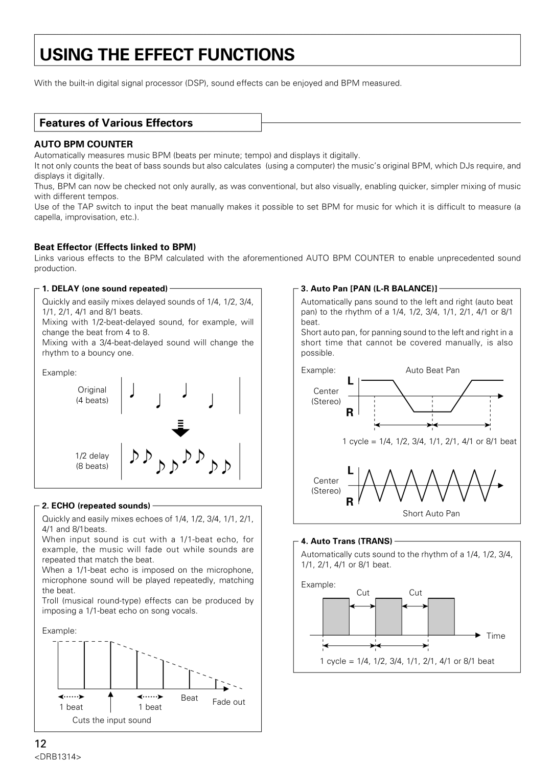 Plantronics DJM-3000 Using the Effect Functions, Features of Various Effectors, Beat Effector Effects linked to BPM 