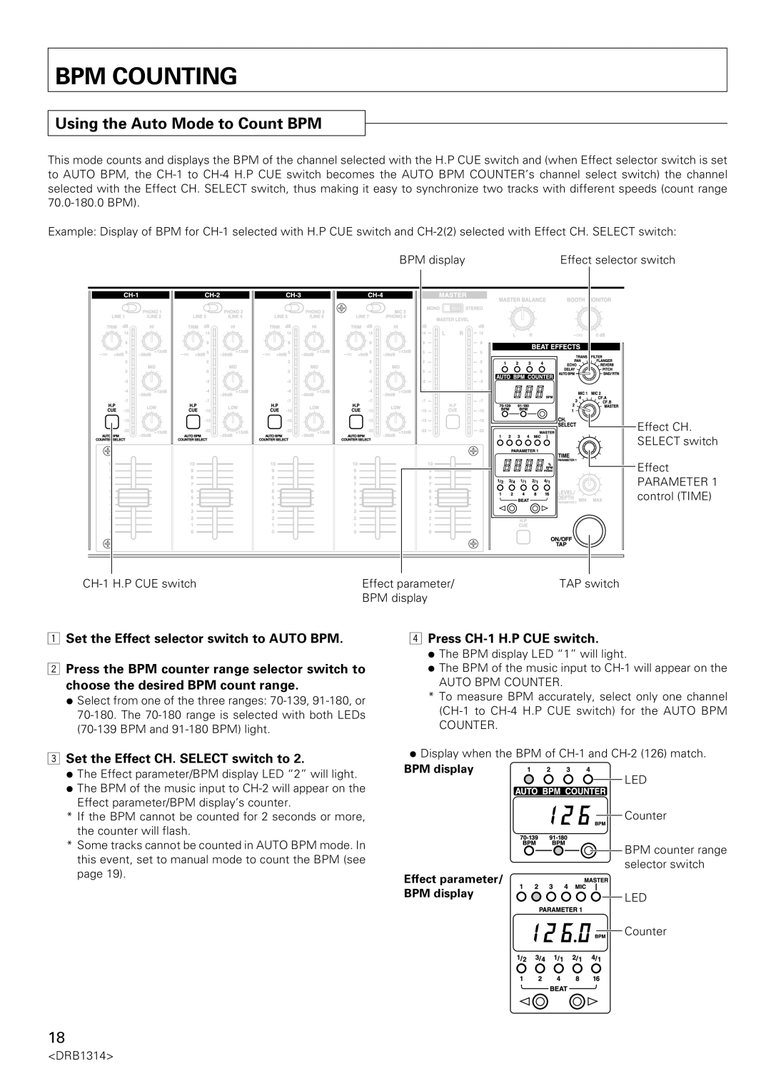 Plantronics DJM-3000 operating instructions BPM Counting, Using the Auto Mode to Count BPM, Press CH-1 H.P CUE switch 