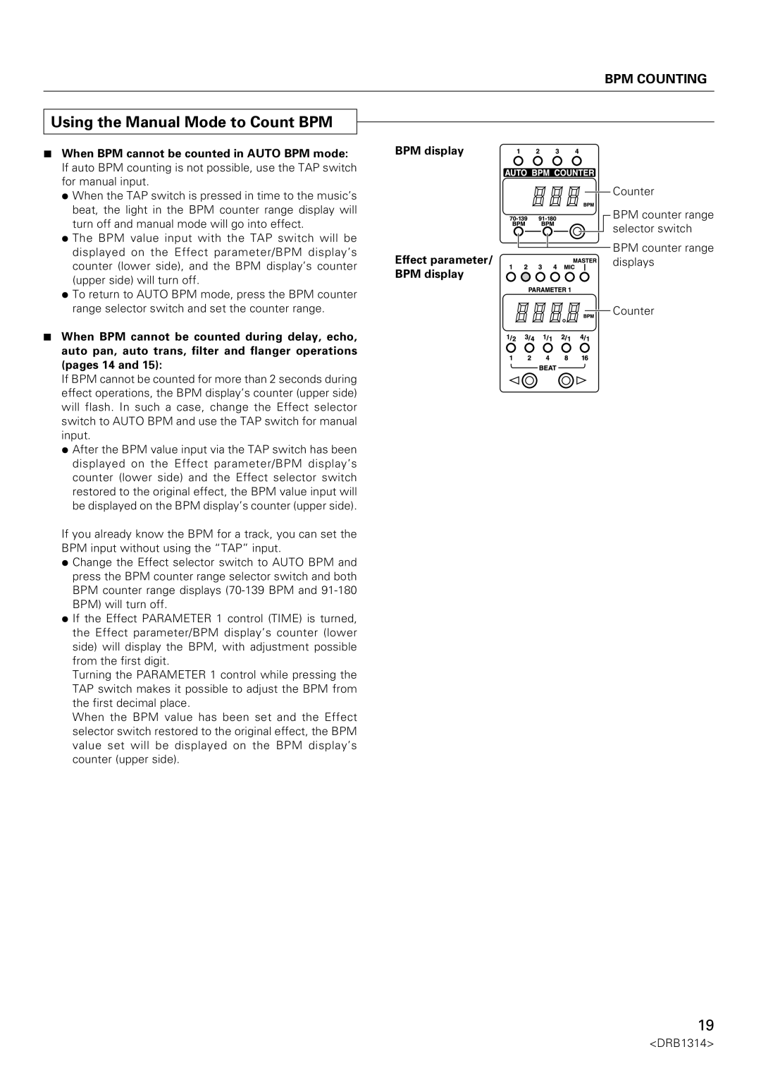 Plantronics DJM-3000 operating instructions Using the Manual Mode to Count BPM, Effect parameter/ displays BPM display 