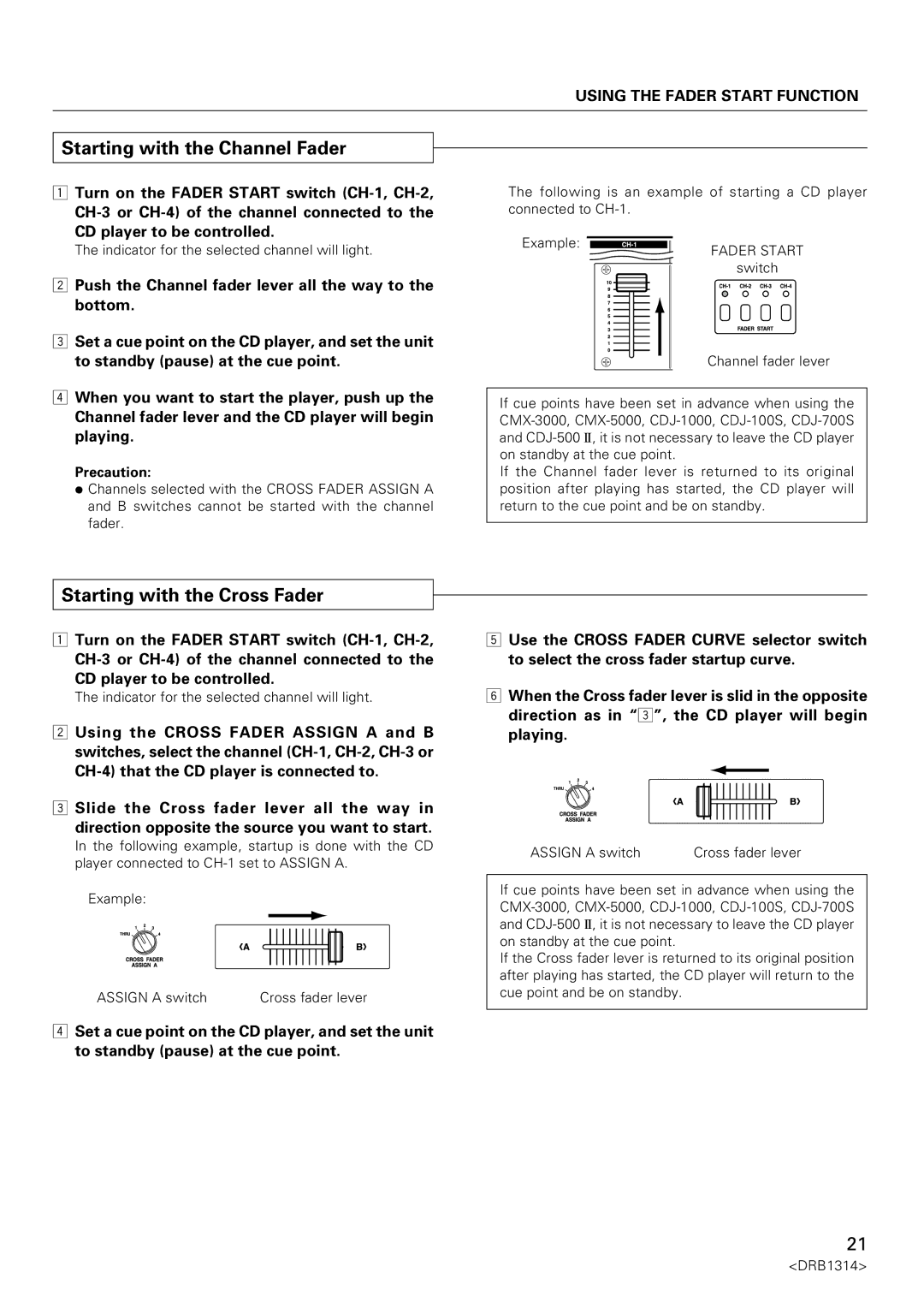 Plantronics DJM-3000 operating instructions Starting with the Channel Fader, Starting with the Cross Fader, Precaution 