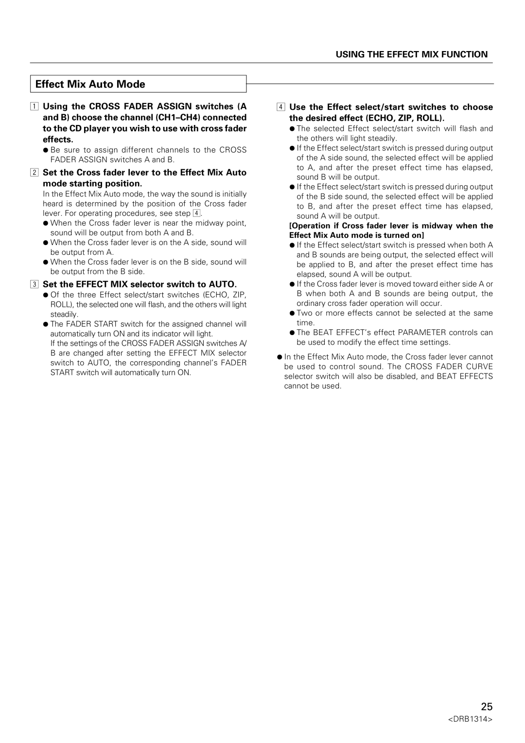 Plantronics DJM-3000 operating instructions Effect Mix Auto Mode, Set the Effect MIX selector switch to Auto 