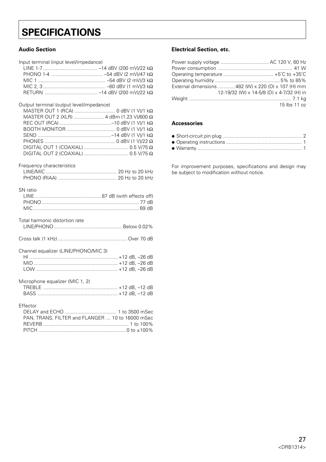 Plantronics DJM-3000 operating instructions Specifications, Audio Section, Electrical Section, etc, Accessories 