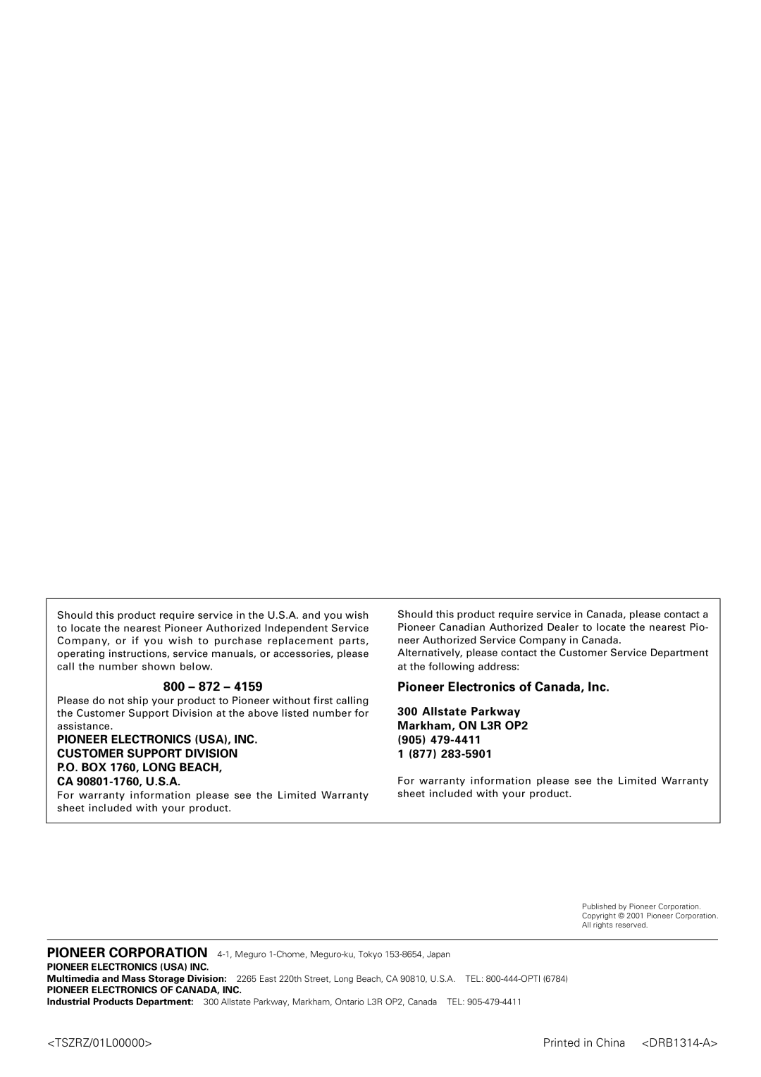 Plantronics DJM-3000 operating instructions 800 872, Pioneer Electronics of Canada, Inc, CA 90801-1760, U.S.A 