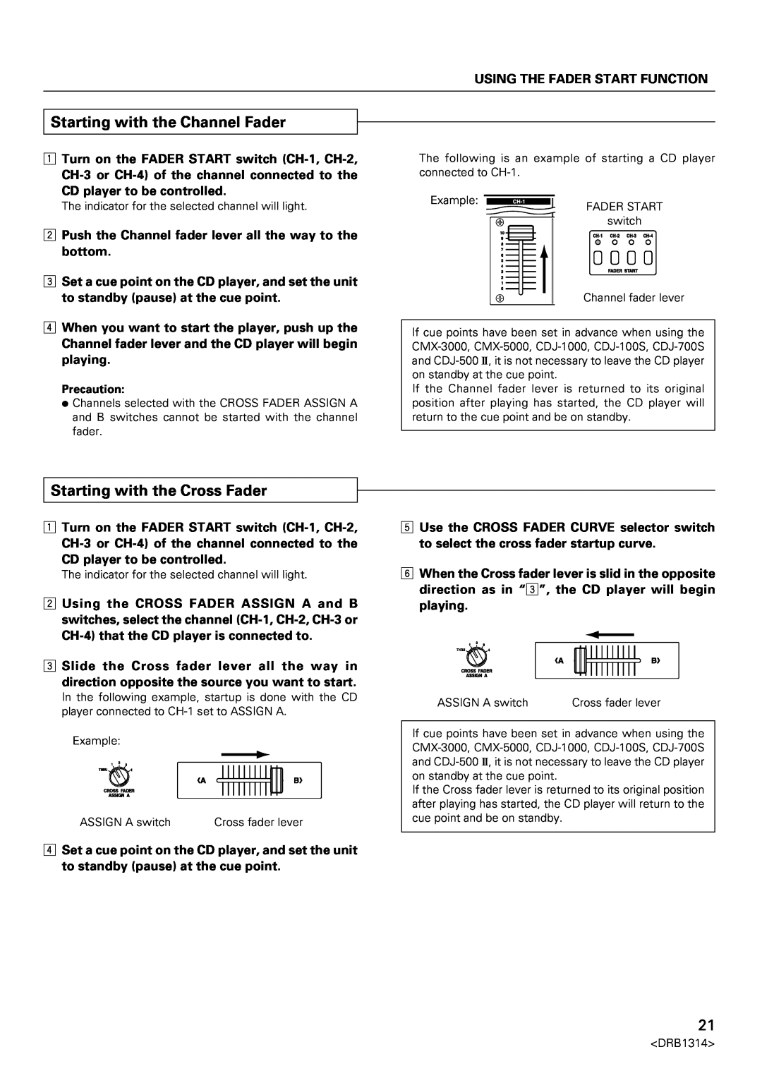 Plantronics DJM-3000 operating instructions Starting with the Channel Fader, Starting with the Cross Fader, Precaution 