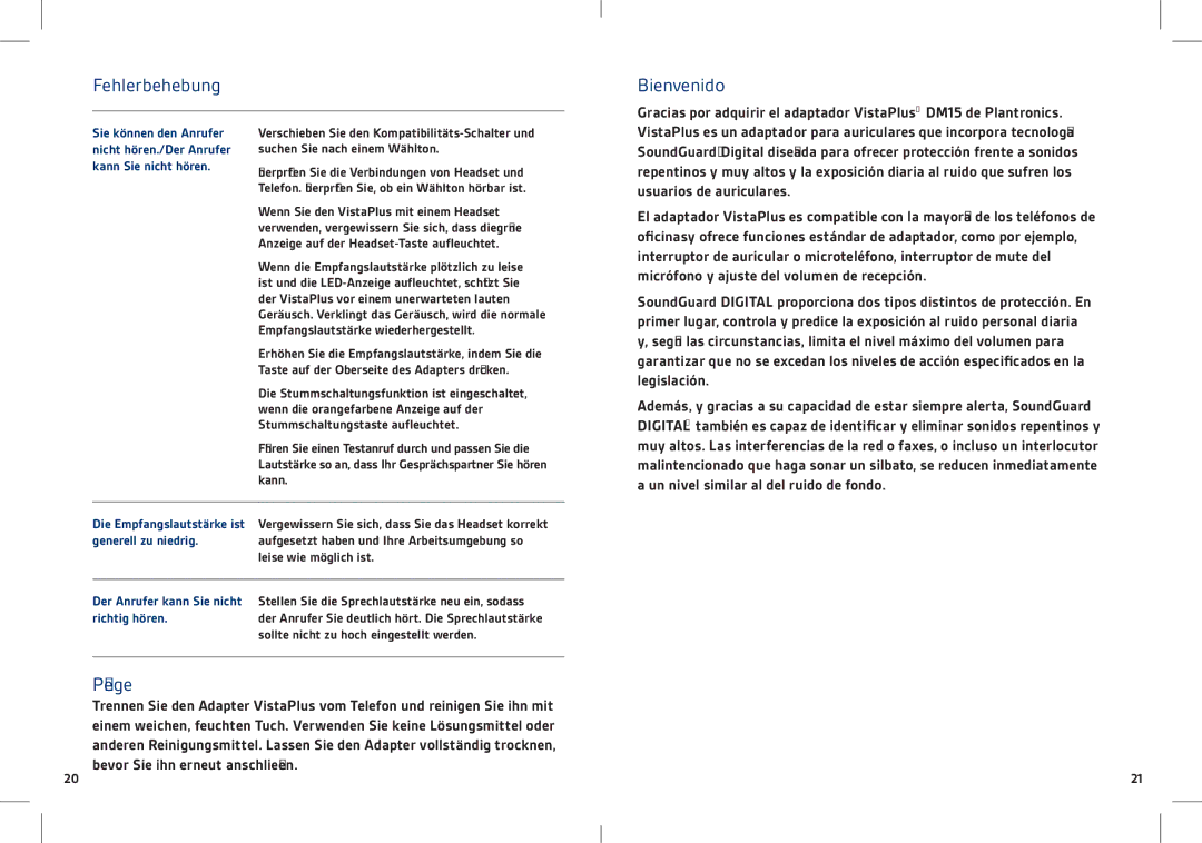 Plantronics DM15 manual Fehlerbehebung Bienvenido, Pflege, Die Empfangslautstärke ist generell zu niedrig 