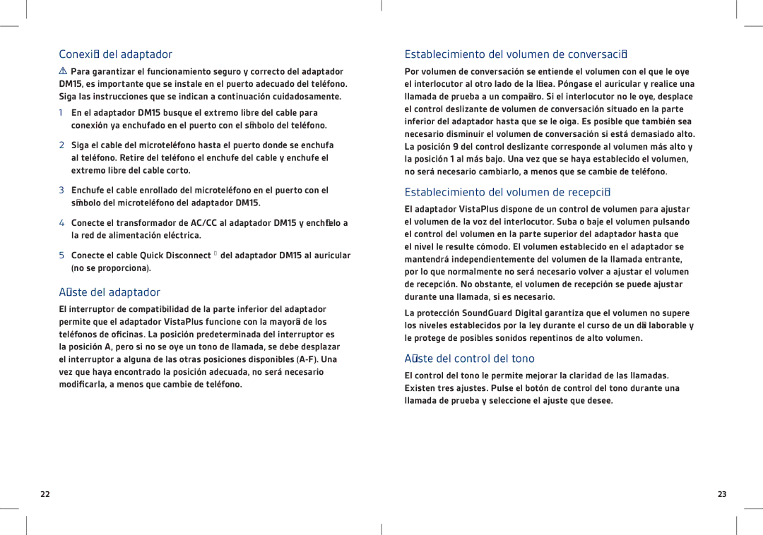 Plantronics DM15 manual Conexión del adaptador, Ajuste del adaptador, Establecimiento del volumen de conversación 