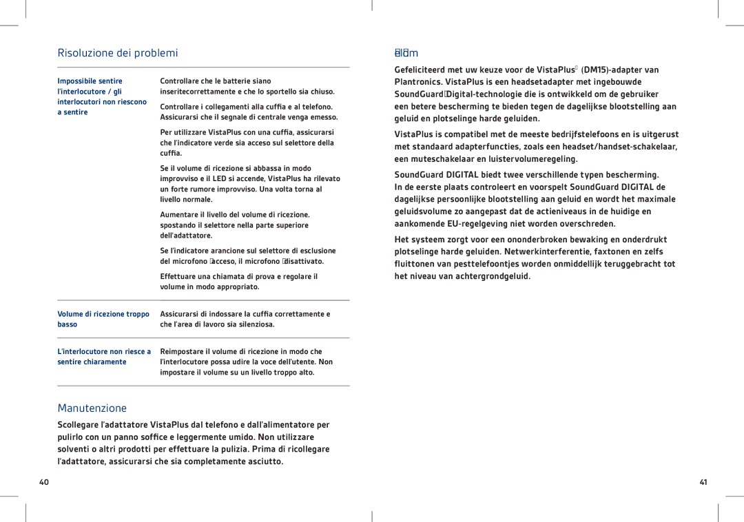 Plantronics DM15 manual Risoluzione dei problemi Welkom, Manutenzione 