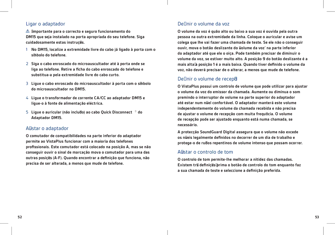 Plantronics DM15 manual Ligar o adaptador, Ajustar o adaptador, Definir o volume da voz, Definir o volume de recepção 