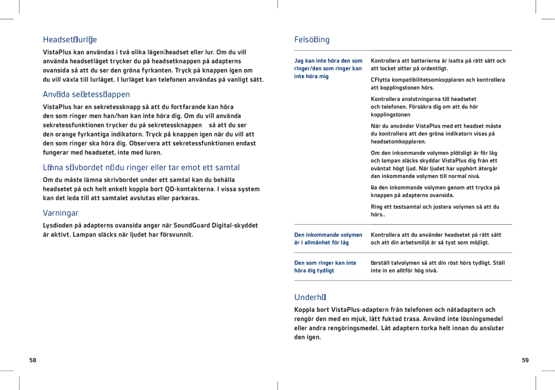 Plantronics DM15 manual Headset-/lurläge Felsökning, Använda sekretessknappen, Varningar, Underhåll 