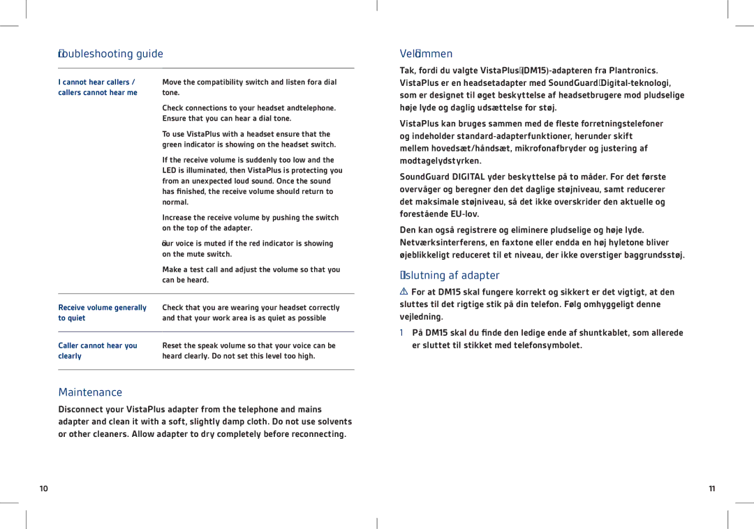 Plantronics DM15 manual Troubleshooting guide, Maintenance, Velkommen, Tilslutning af adapter 