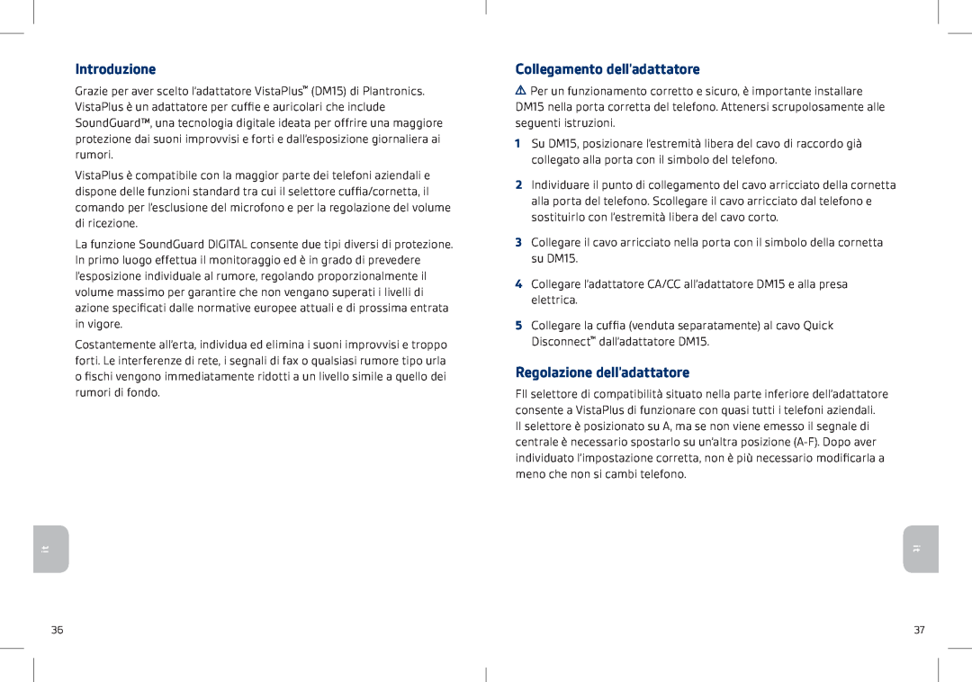 Plantronics DM15 manual Introduzione, Collegamento dell’adattatore, Regolazione dell’adattatore 