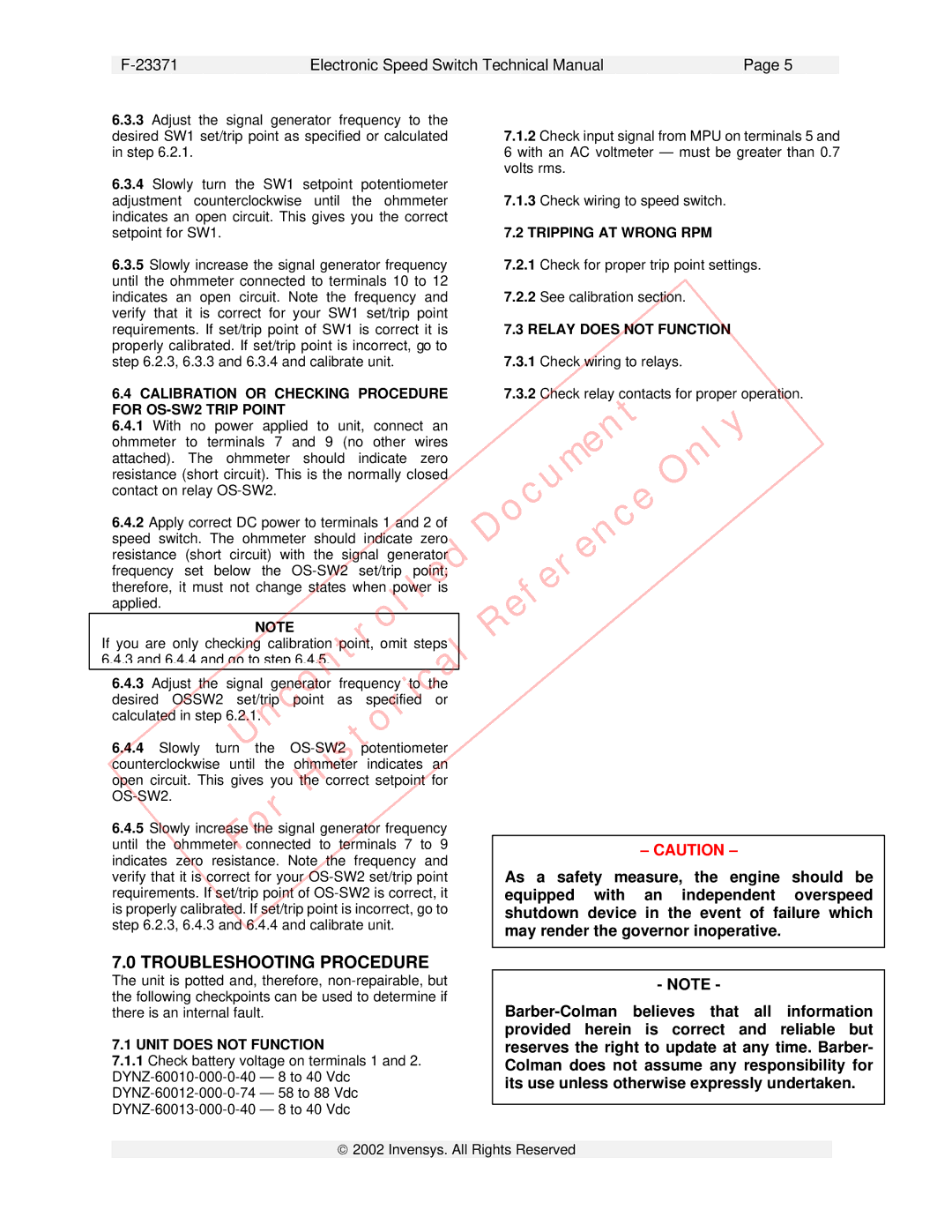 Plantronics DYNZ-600 Series technical manual Document Only Reference, Troubleshooting Procedure, Tripping AT Wrong RPM 