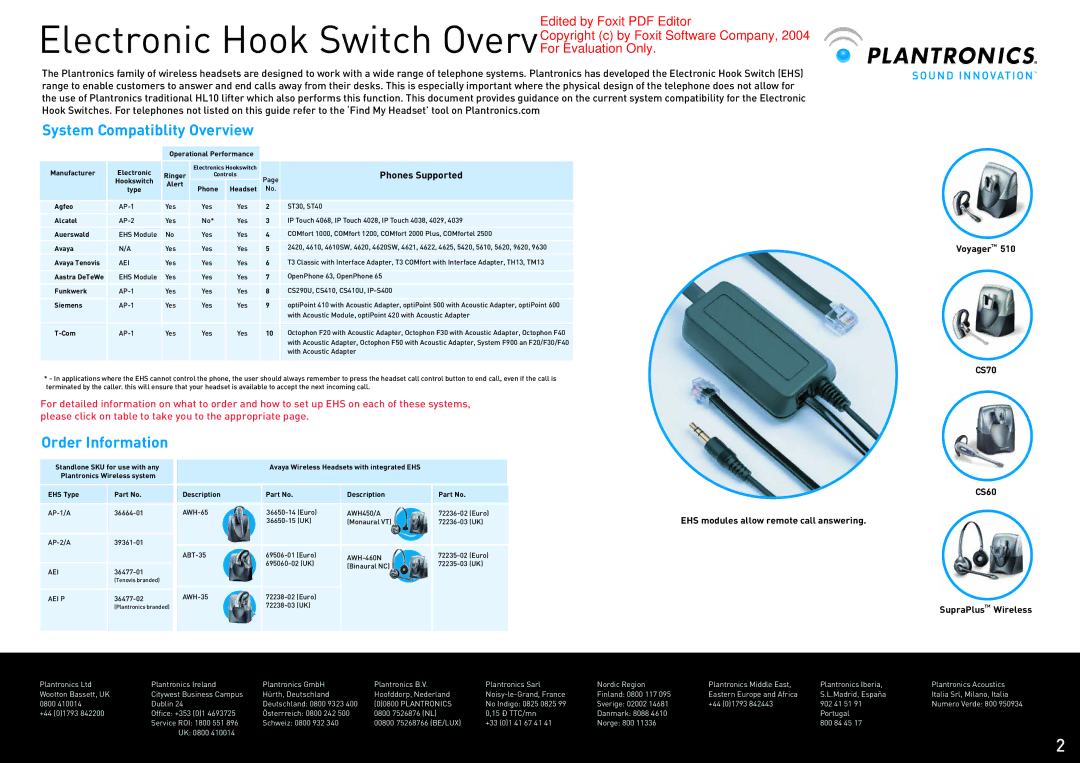 Plantronics Electronic Hook Switch manual System Compatiblity Overview, Order Information, Phones Supported, CS70 