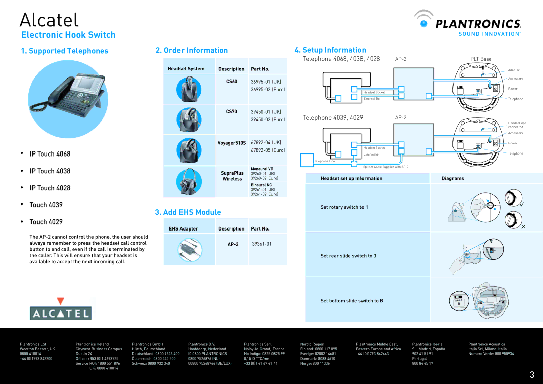 Plantronics Electronic Hook Switch manual Supported Telephones, Add EHS Module, Setup Information 