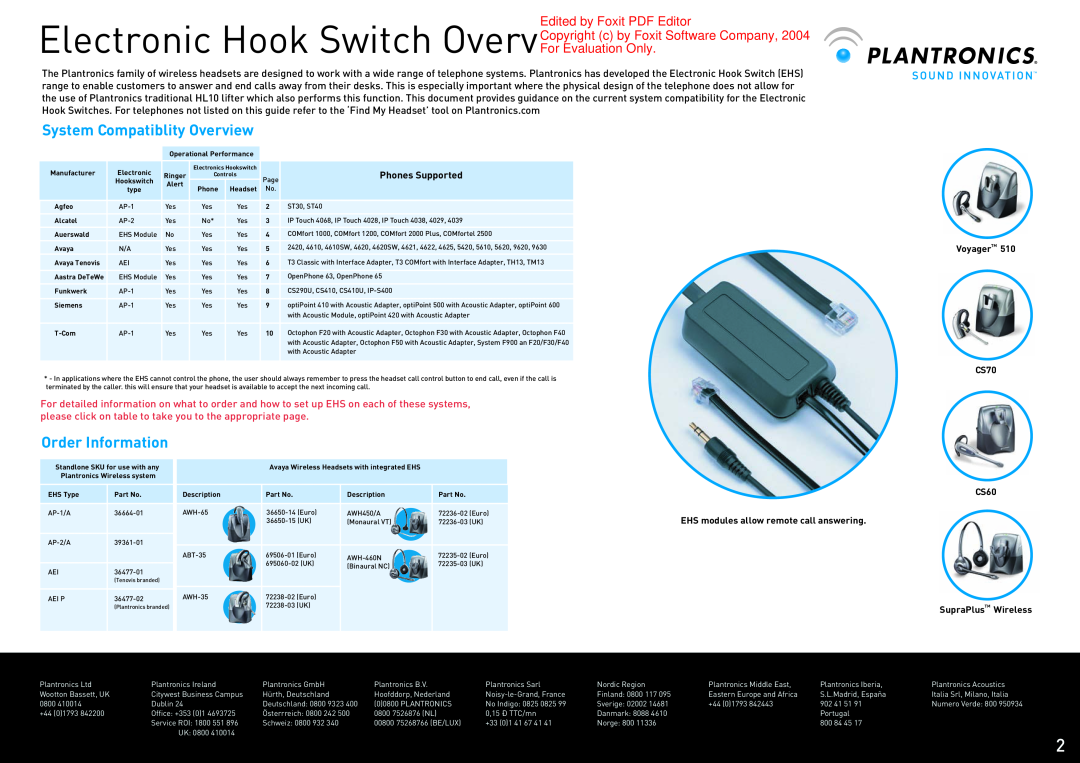 Plantronics Electronic Hook Switch OverviewEdited by Foxit PDF Editor, System Compatiblity Overview, Order Information 
