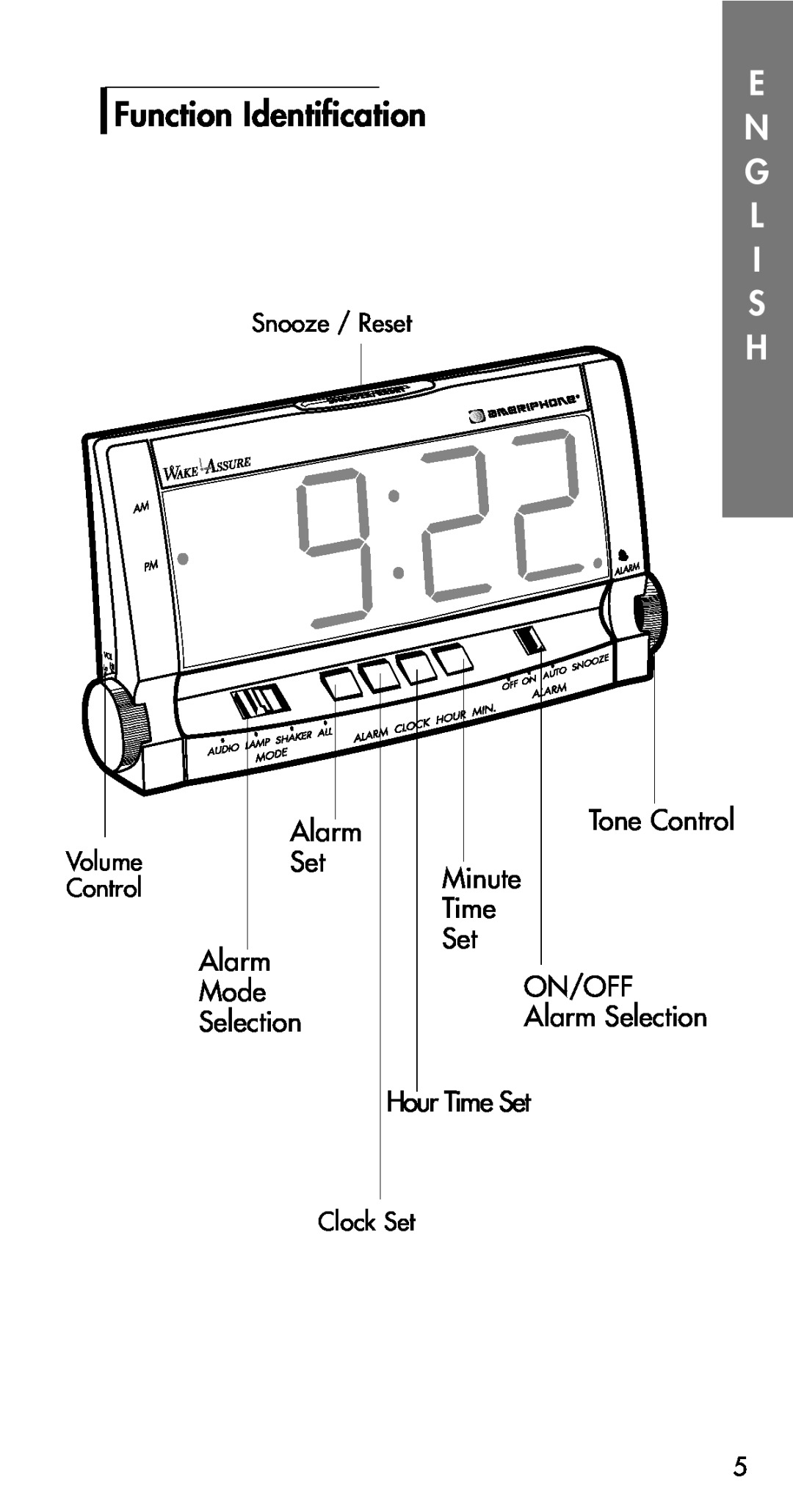 Plantronics Fire Alarm L I S, Mode, Tone Control Minute Time Set ON/OFF, Alarm Selection Hour Time Set, Snooze / Reset 