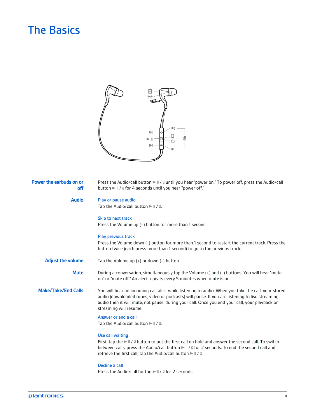 Plantronics GO 2 manual Basics, Play previous track 