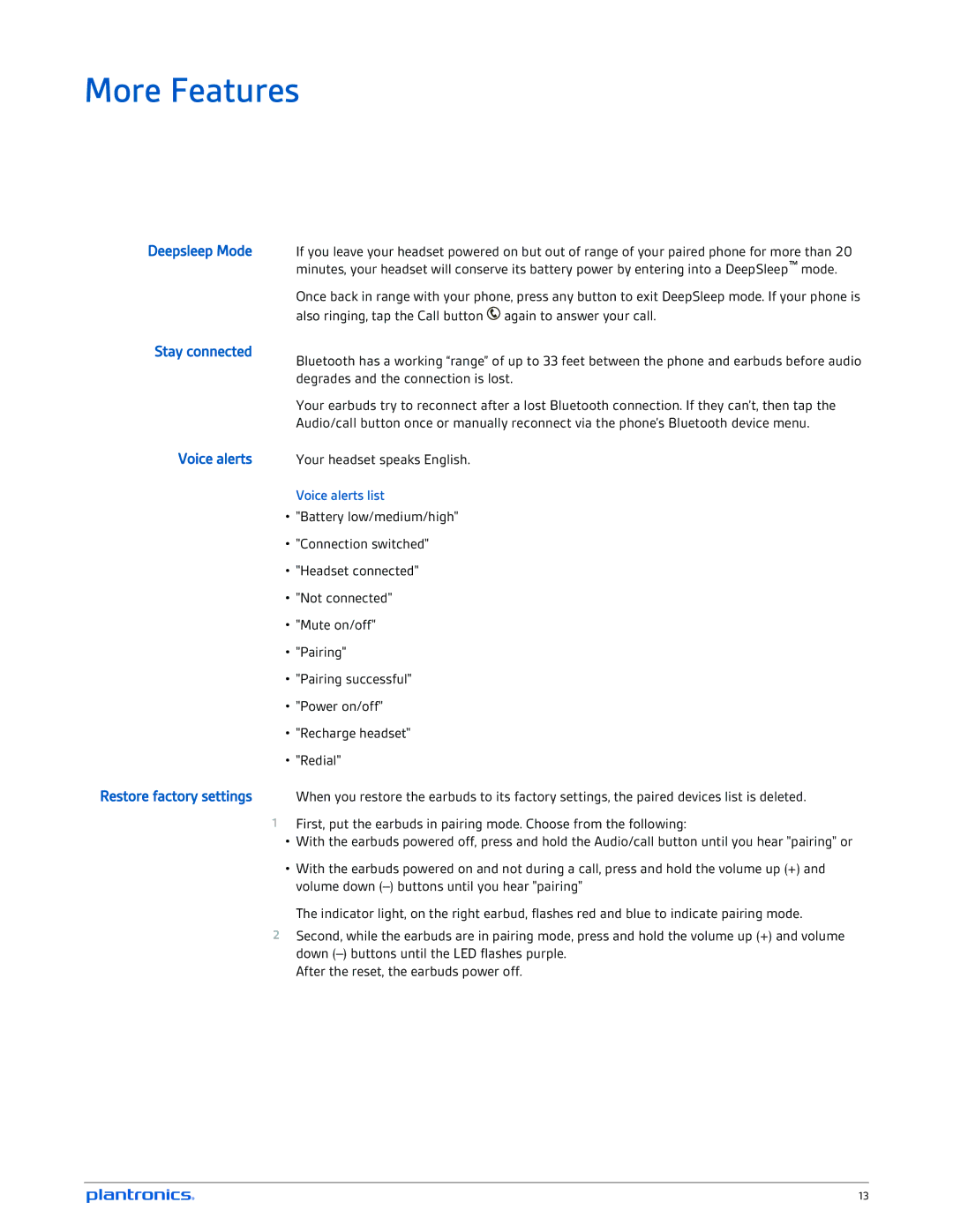 Plantronics GO 2 manual More Features, Deepsleep Mode Stay connected 