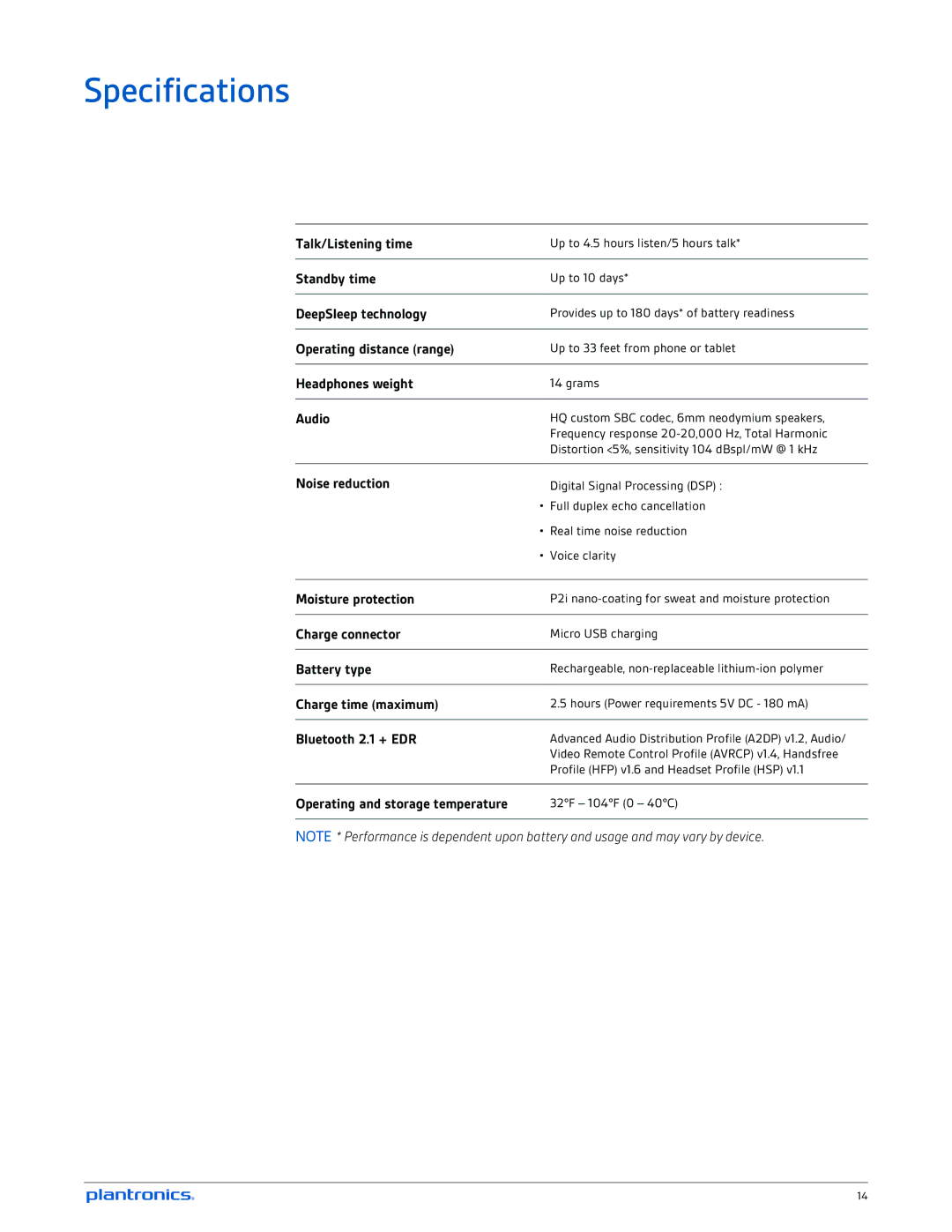 Plantronics GO 2 manual Specifications, Noise reduction 