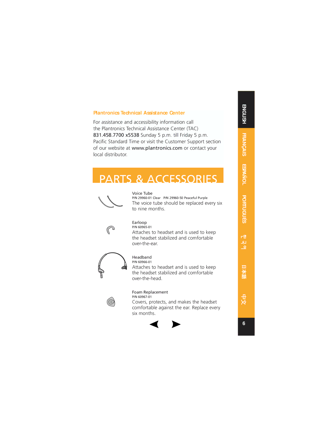 Plantronics H171/N, H151N, H161N, P161N, P151N quick start Parts & Accessories, Plantronics Technical Assistance Center 