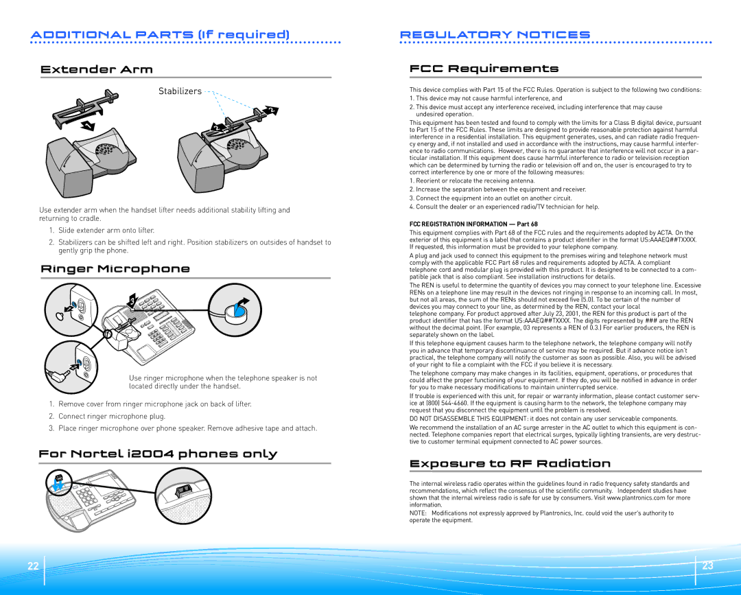 Plantronics Headset System manual Extender Arm, Ringer Microphone, For Nortel i2004 phones only 