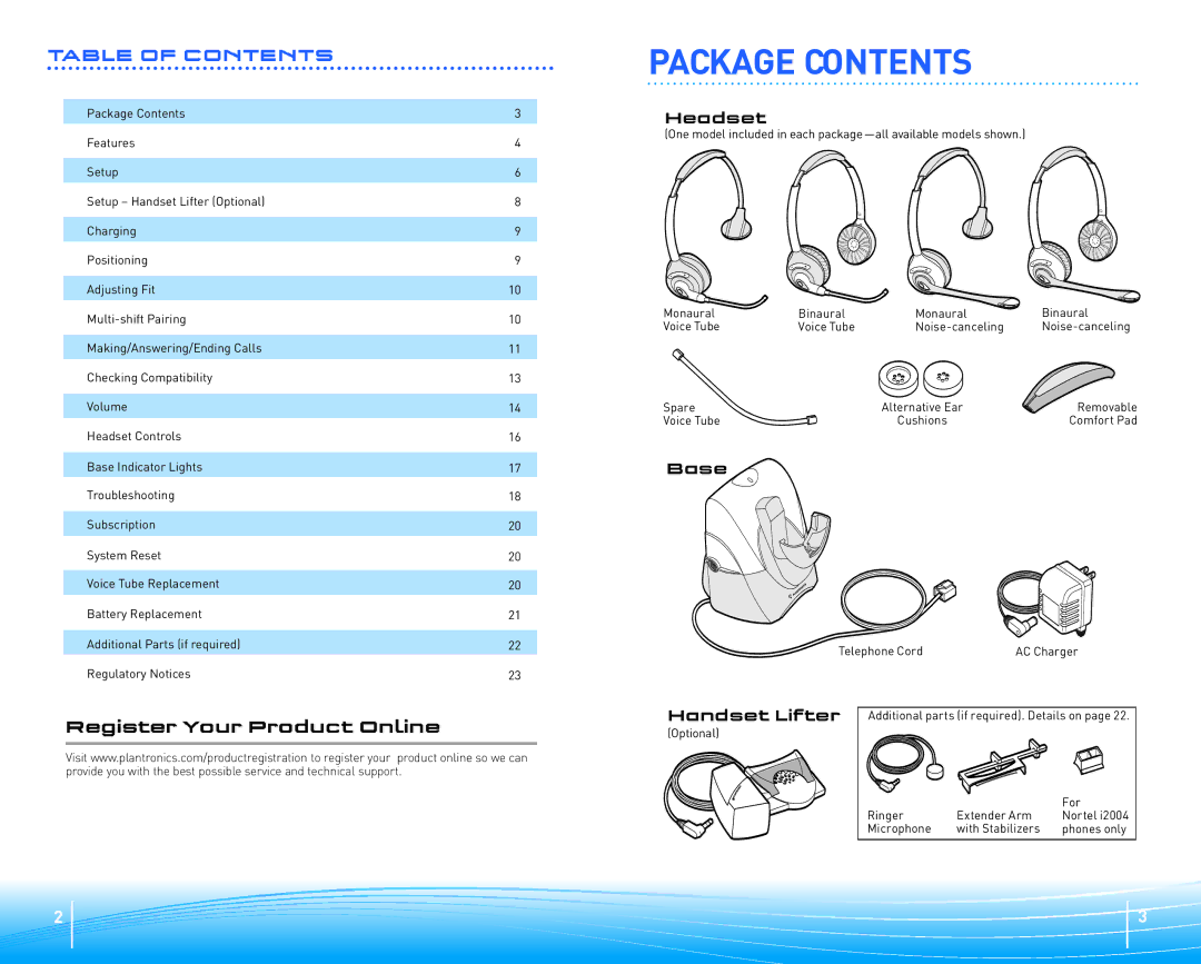 Plantronics Headset System manual Package Contents 