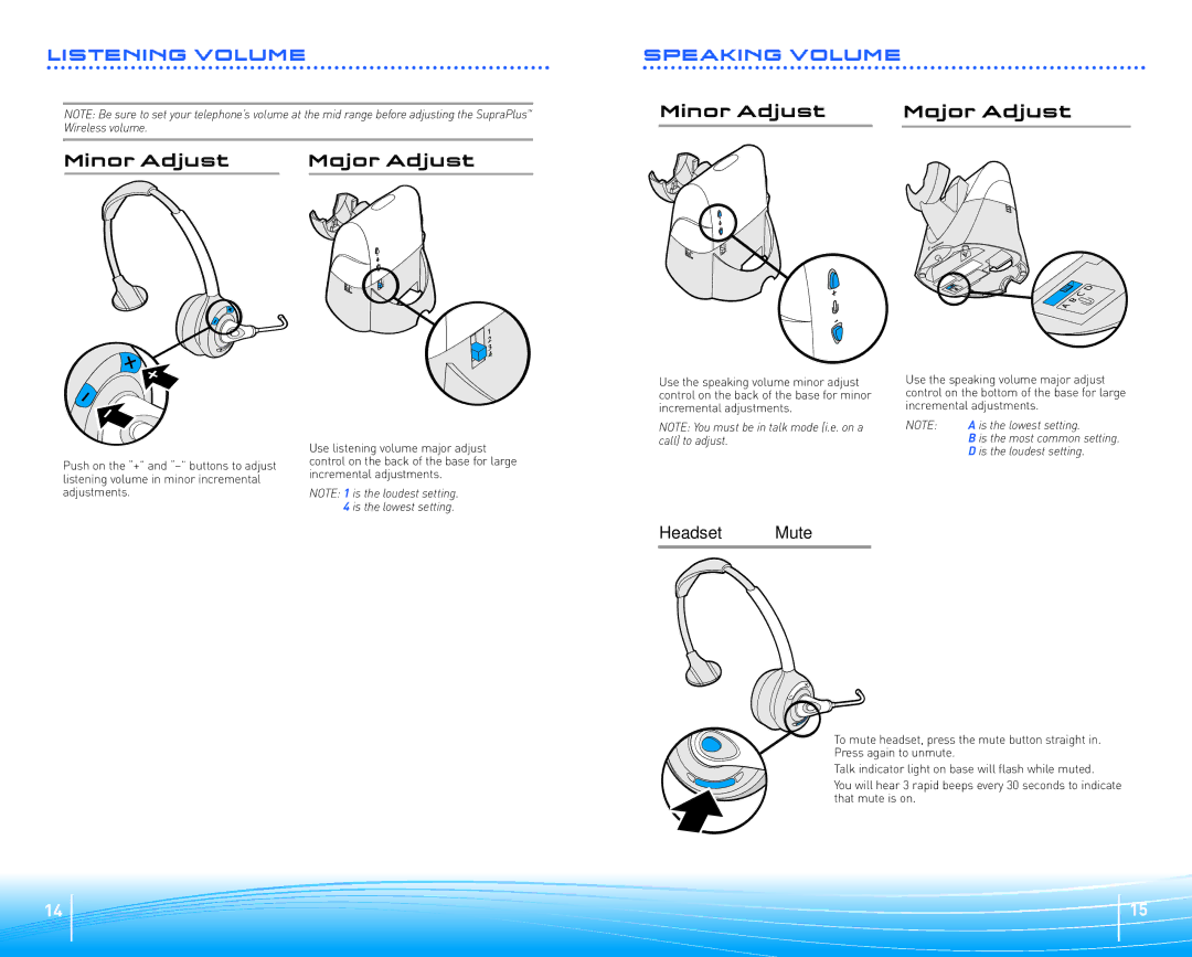 Plantronics Headset System manual Minor Adjust Major Adjust, Headset Mute, Incremental adjustments 