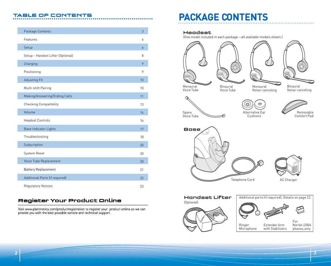 Plantronics Headset System manual Package Contents, Base, Handset Lifter 