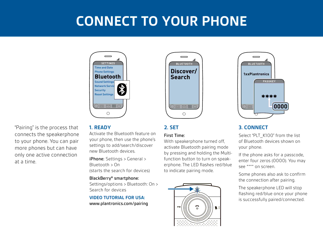 Plantronics K100 manual Connect to Your Phone, Ready, Set 