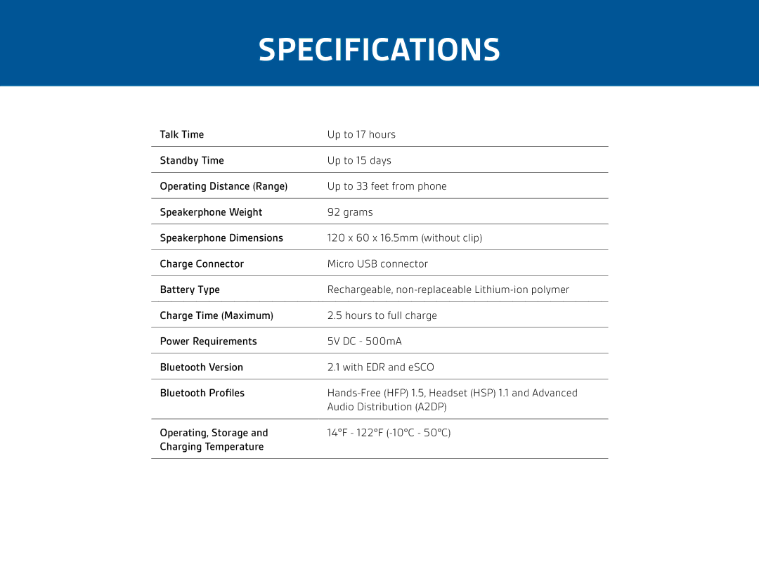 Plantronics K100 manual Specifications 