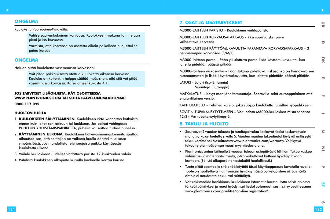 Plantronics M 3000 Osat JA Lisätarvikkeet, Takuu JA Huolto, Kuuloke tuntuu epämiellyttävältä, Huoltovihjeitä, 121 122 