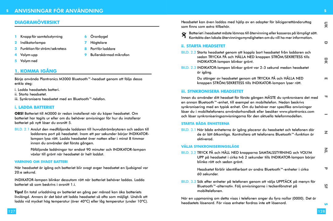 Plantronics M 3000 warranty Anvisningar FÖR Användning, Diagramöversikt, Komma Igång 