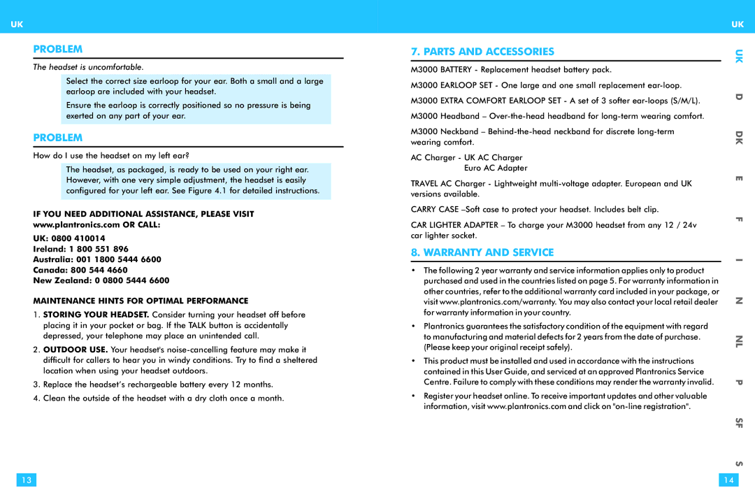 Plantronics M 3000 warranty Parts and Accessories, Warranty and Service, Headset is uncomfortable 