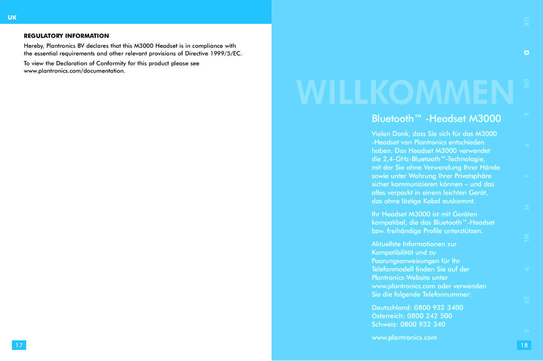 Plantronics M 3000 warranty Willkommen, Bluetooth -Headset M3000, Regulatory Information 