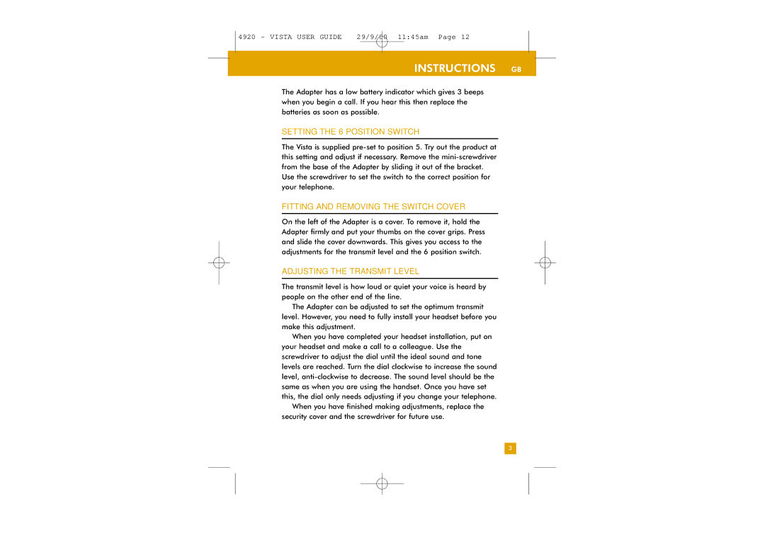 Plantronics M12 manual Instructions GB, Setting the 6 Position Switch, Fitting and Removing the Switch Cover 