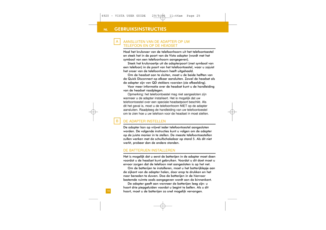 Plantronics M12 NL Gebruiksinstructies, Aansluiten VAN DE Adapter OP UW Telefoon EN OP DE Headset, DE Adapter Instellen 