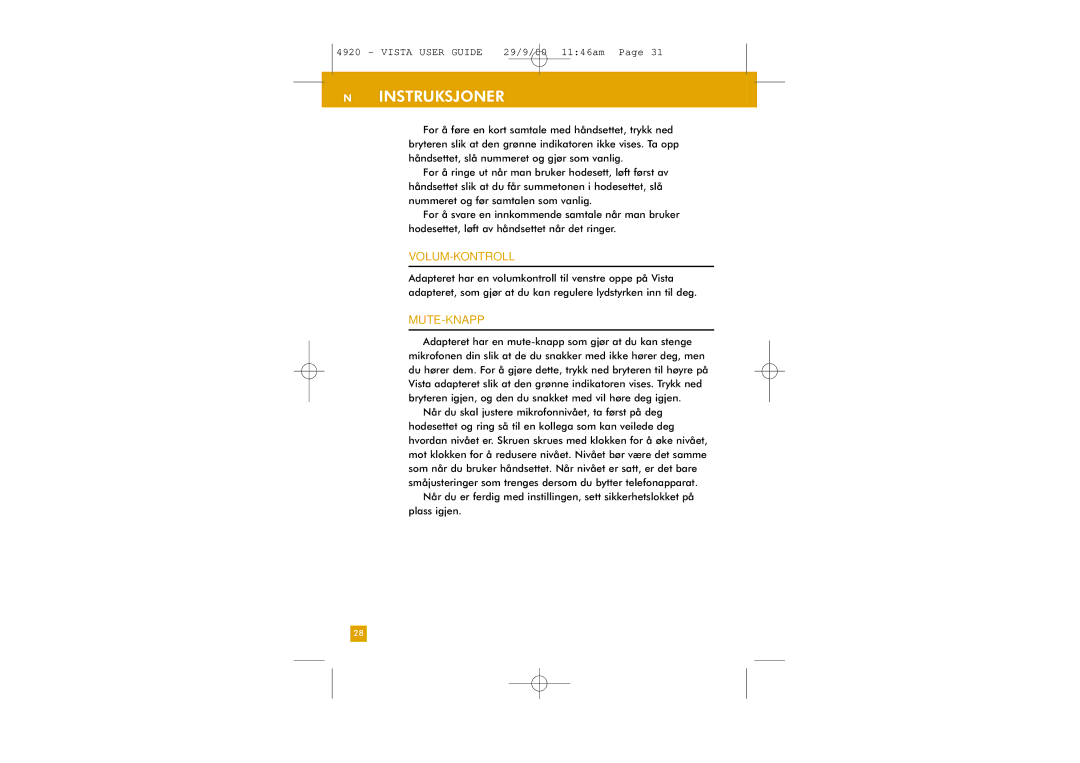 Plantronics M12 manual Instruksjoner, Volum-Kontroll, Mute-Knapp 