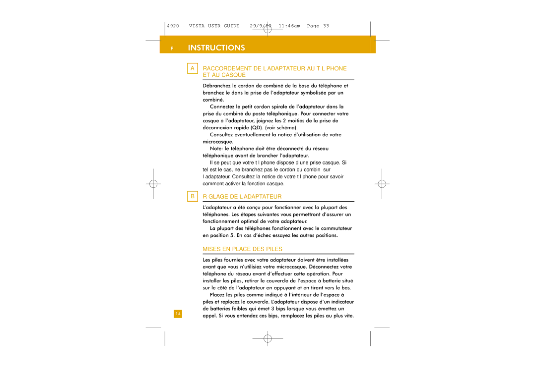 Plantronics M12 manual Instructions, Raccordement DE L’ADAPTATEUR AU Téléphone ET AU Casque, Réglage DE L’ADAPTATEUR 