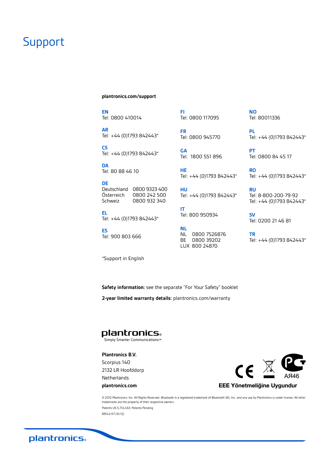 Plantronics M165 manual Support, Plantronics B.V, Plantronics.com 