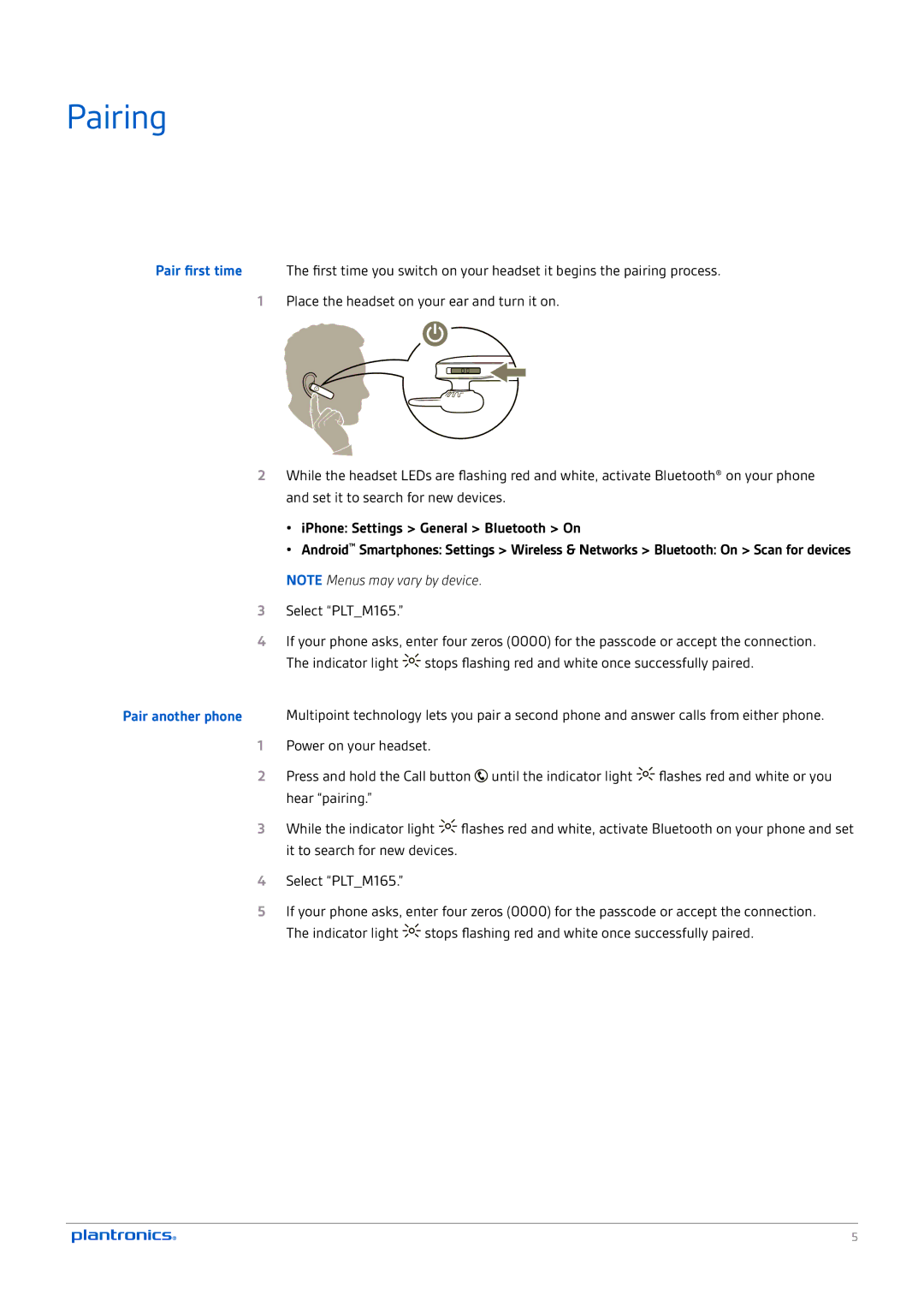 Plantronics M165 manual Pairing, IPhone Settings General Bluetooth On 