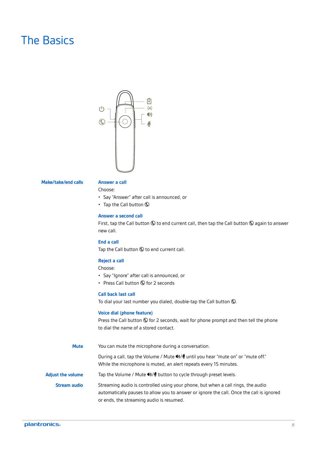 Plantronics M165 manual Basics, Answer a second call 