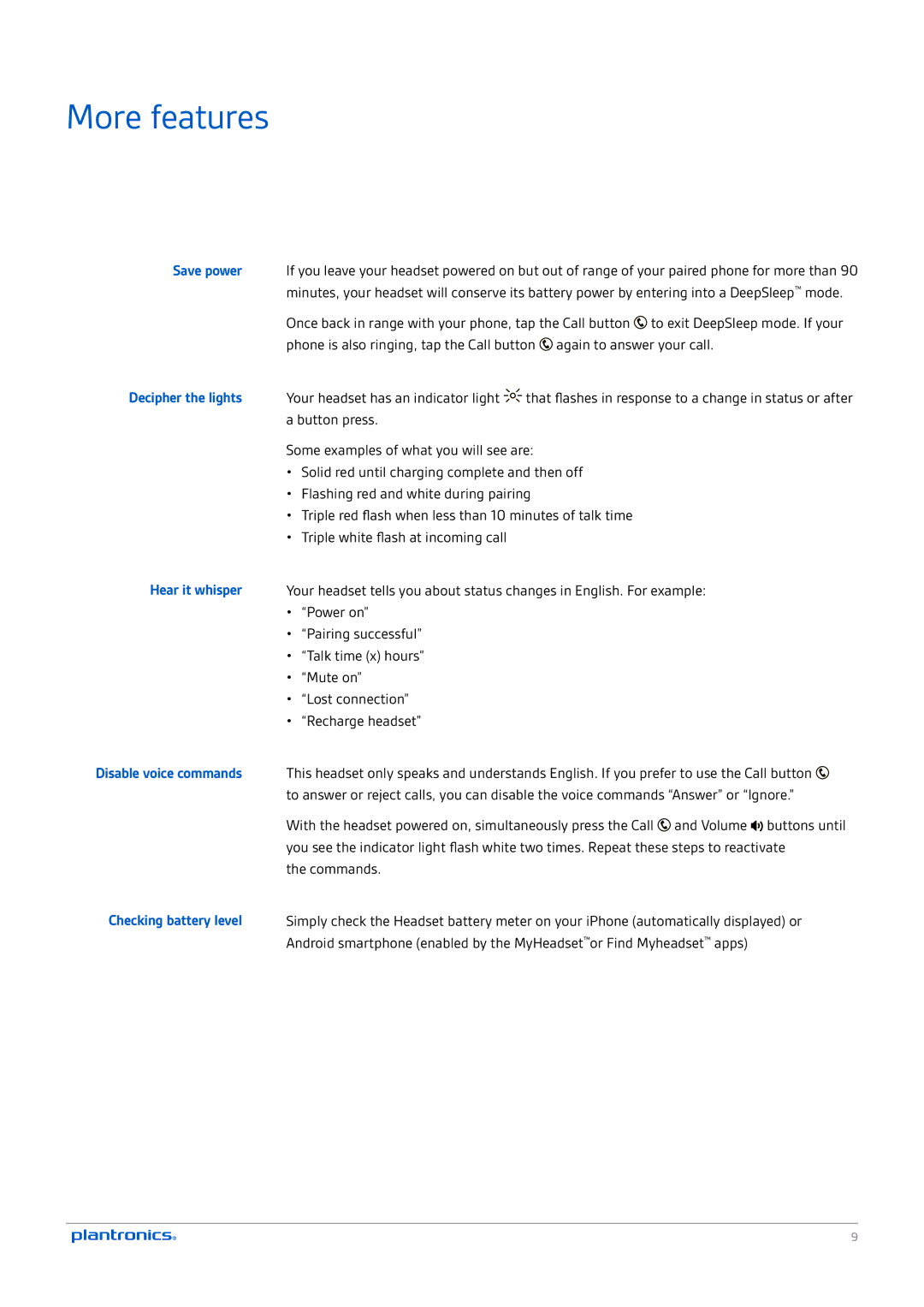 Plantronics M165 manual More features, Commands 