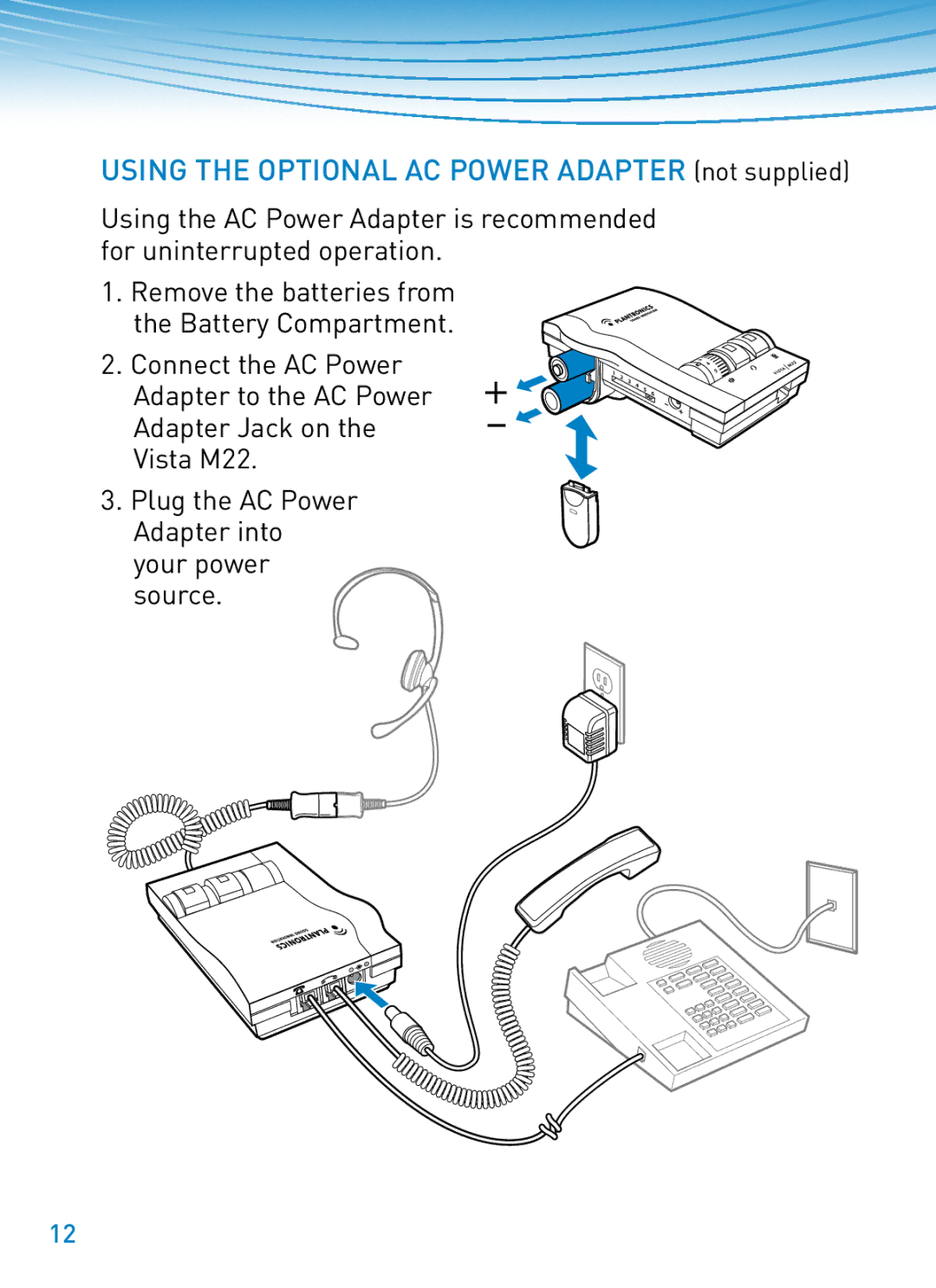 Plantronics M22 manual Using the Optional AC Power Adapter not supplied 